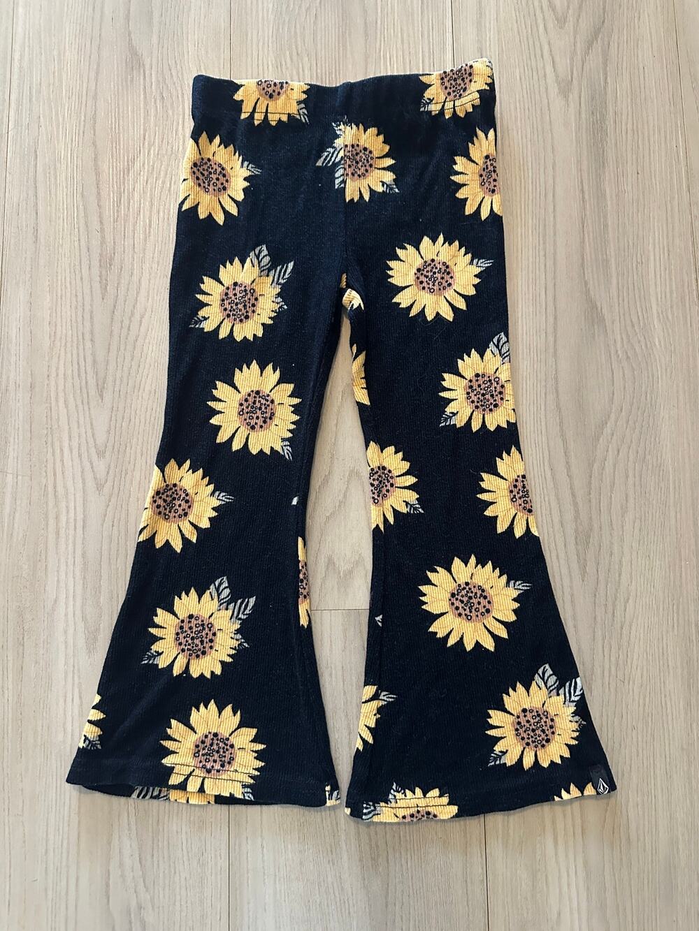 Volcom Girls Ribbed Sunflower Flare Pants Black Yellow Bell Bottom Leggings